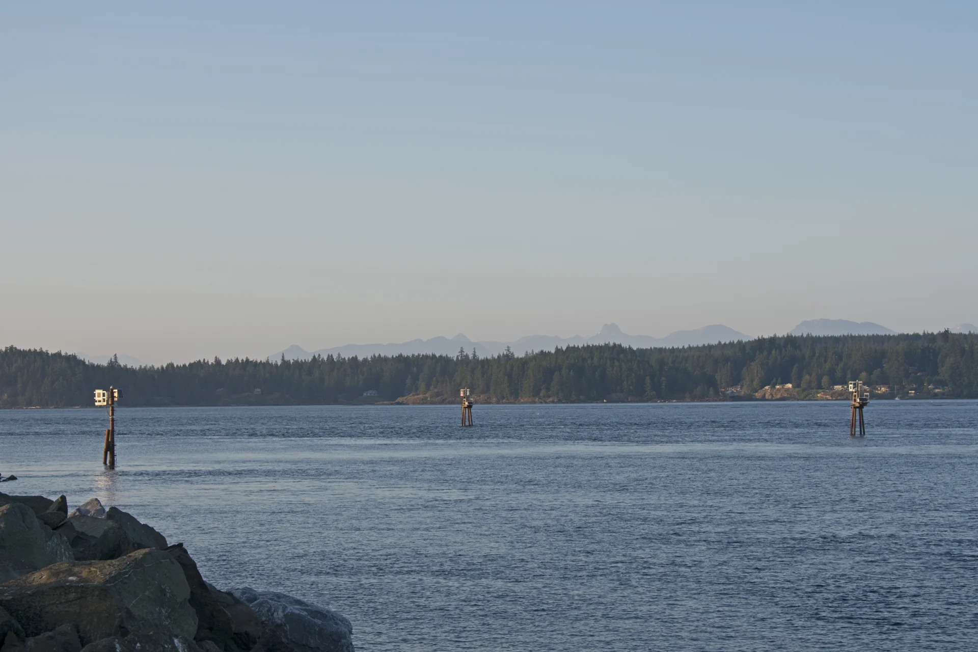 Discovery Passage from Campbell River, with Quadra Island and mountains across the water